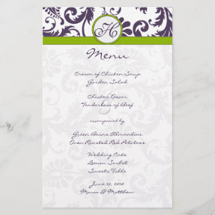 Lapis Lila und Apple Green Damask Wedding Menu