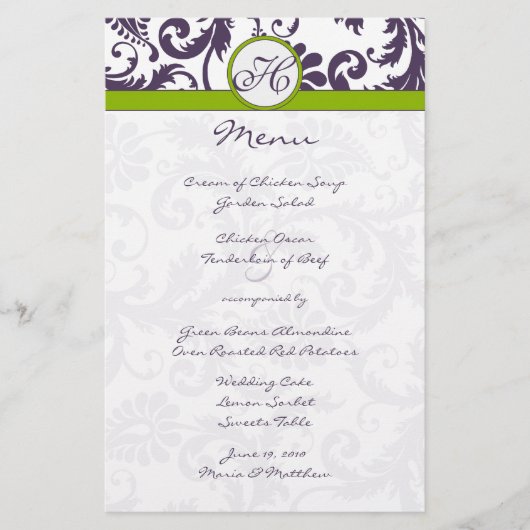 Lapis Lila und Apple Green Damask Wedding Menu (Vorderseite)