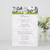 Lapis Lila und Apple Green Damask Wedding Menu (Stehend Vorderseite)