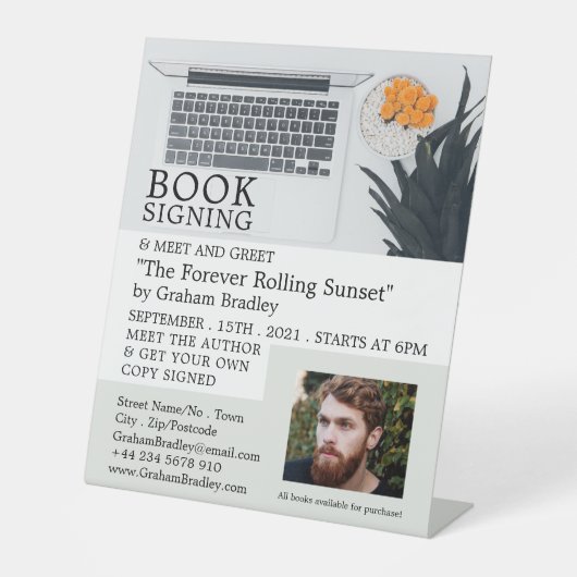 Laptop-Anzeige, Buchsignierwerbung für Autoren Sockelschild (Vorderseite)