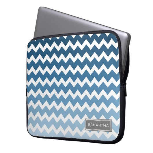 Laptop blauer Ombre Zickzack individueller Name Laptopschutzhülle (Vorderseite Links)