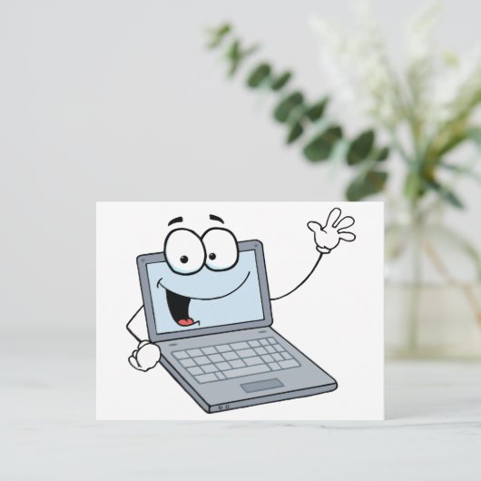 Laptop-Cartoon-Charakter mit Gruß Postkarte (Stehend Vorderseite)