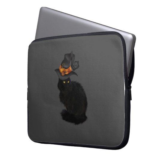 Laptop Case with Black Halloween Cat Design (Vorderseite Links)
