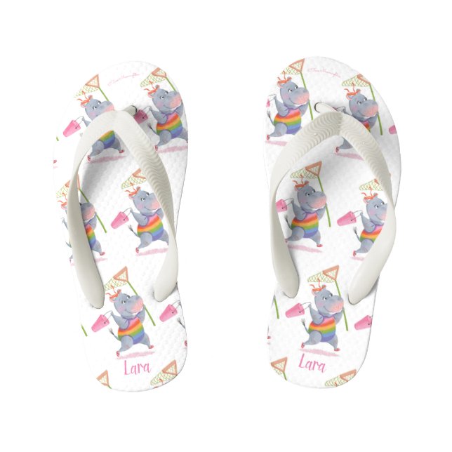 Lara - Regenbogen Hippo Glück - Kinder Flip Flops Kinderbadesandalen (Fußbett)