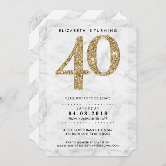 LARGE AGE NUMBER Marmor moderne 40 Gold Glitzer Einladung (Vorne/Hinten)