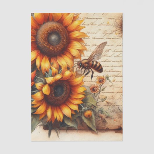 Large and Small Sunflowers with Bees and Script Seidenpapier (Vorderseite)