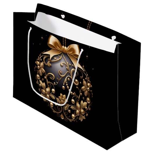LARGE BLACK & GOLD CHRISTMAS ORNAMENT GROßE GESCHENKTÜTE (Vorderseite Schrägansicht)