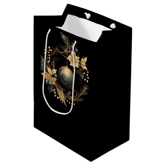 LARGE BLACK & GOLD CHRISTMAS ORNAMENT MITTLERE GESCHENKTÜTE (Vorderseite Schrägansicht)