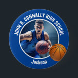 Large Blue High School Basketball Player Photo Button<br><div class="desc">This cool customized high school basketball player photo gift features white typography of your team and player name on a large blue button with a ball. Personalize with your student's photograph and class year as a proud sports parent. A mom and dad can wear these buttons to sports games.</div>