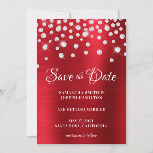 Large Diamond Confetti Red Ombre Foil Save The Date (Vorderseite)