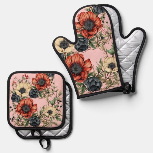 Large Florals Rich Rust, Deep Purple, Cream Ofenhandschuh & Topflappen-Set (Vorderseite/Rückseite)