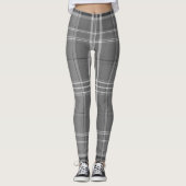 Large Grayscale White Line Tartan Plaid Leggings (Vorderseite)