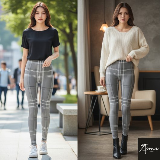 Large Grayscale White Line Tartan Plaid Leggings