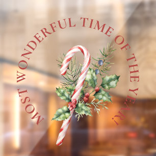 LARGE-Most Wonderful Time, Candy Cane Weihnachten  Fensteraufkleber