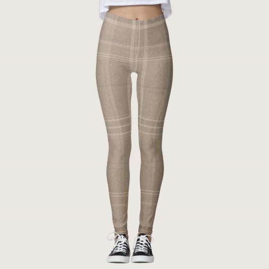 Large Neutral Light Taupe Wool Tartan Leggings (Vorderseite)