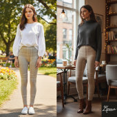 Large Neutral Light Taupe Wool Tartan Leggings