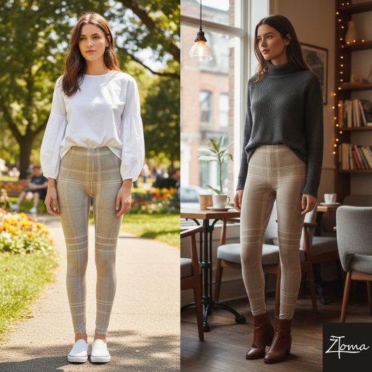 Large Neutral Light Taupe Wool Tartan Leggings