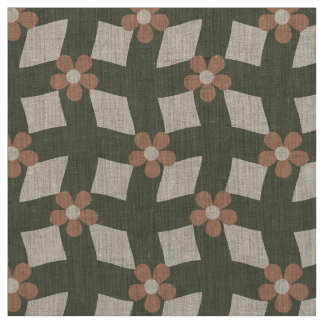Large Olive Abstract Floral Grid - Natural Linen Stoff