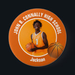 Large Orange High School Basketball Player Photo Button<br><div class="desc">This cool customized high school basketball player photo gift features white typography of your team and player name on a large orange button with a ball. Personalize with your student's photograph and class year as a proud sports parent. A mom and dad can wear these buttons to sports games.</div>