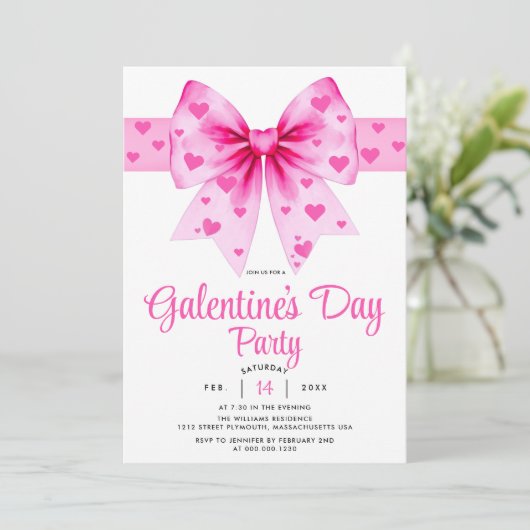 Large pink bow and hearts Galentine's Day party Einladung (Stehend Vorderseite)