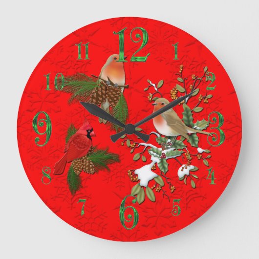 Large Red Cardinal and English Robin Wall Clock Große Wanduhr (Vorderseite)