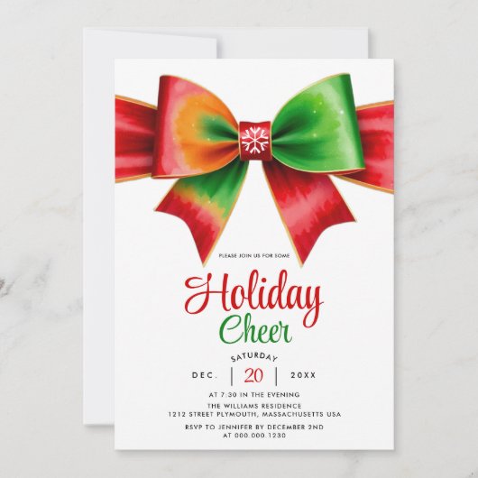Large red, green bow and stripes Christmas party Einladung (Vorderseite)
