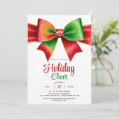 Large red, green bow and stripes Christmas party Einladung (Stehend Vorderseite)