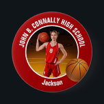 Large Red High School Basketball Player Photo Button<br><div class="desc">This cool customized high school basketball player photo gift features white typography of your team and player name on a large red button with a ball. Personalize with your student's photograph and class year as a proud sports parent. A mom and dad can wear these buttons to sports games.</div>