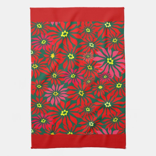 Large Red Poinsettia Flowers on Green Red Borders Geschirrtuch (Vertikal)