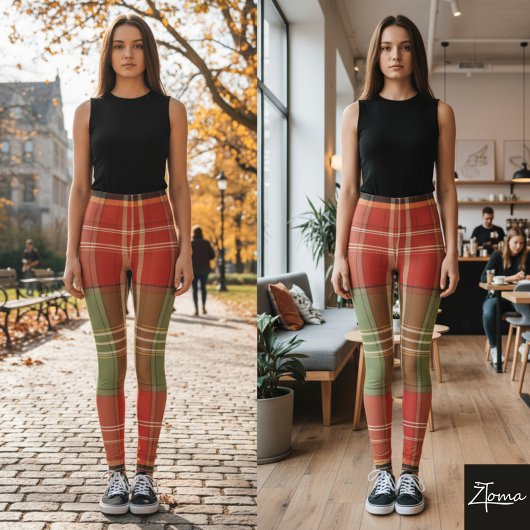Large Red Sage Brown Vertical Tartan Leggings