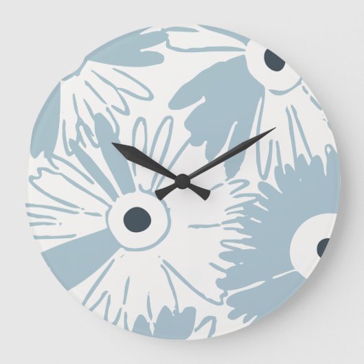 Large Retro Daisy Flower Power Dusty Sky Blue Große Wanduhr (Vorderseite)