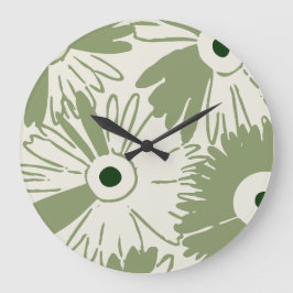 Large Retro Daisy Flower Power Olive Green Große Wanduhr
