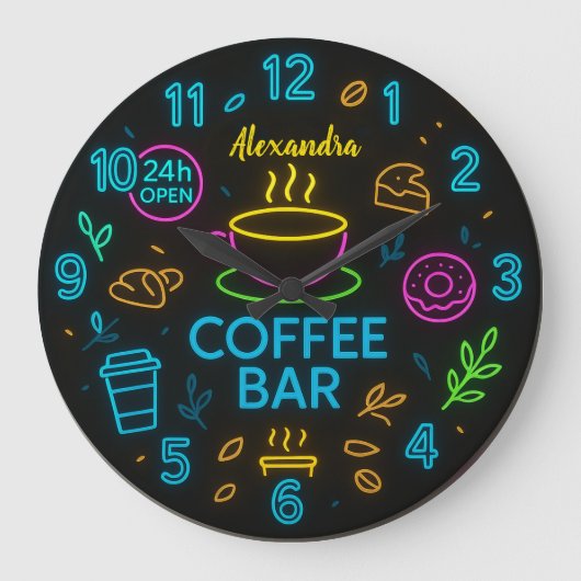Large Round Personalized Coffee Bar Neon Sign Große Wanduhr (Vorderseite)