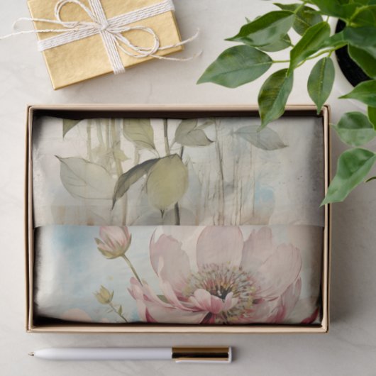Large Slightly Abstract Pale Pink Peony with Blue Seidenpapier (Geschenk)