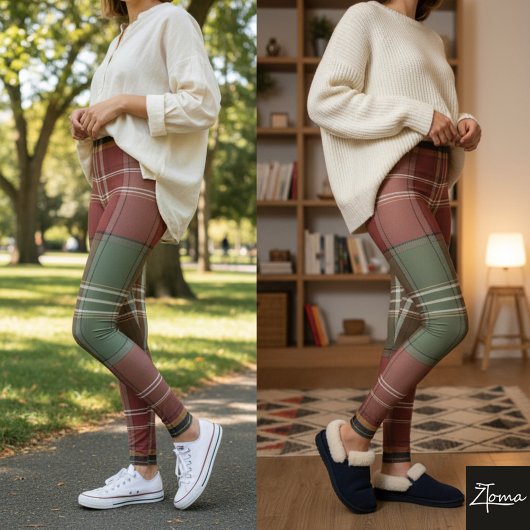 Large Vintage Red Sage Tartan Plaid Leggings