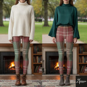 Large Vintage Red Sage Tartan Plaid Leggings