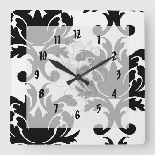 large white and black bold damask quadratische wanduhr (Vorderseite)