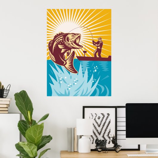Largemouth Bass Fish Fly Fisherman Angelrute Poster (Heimbüro)