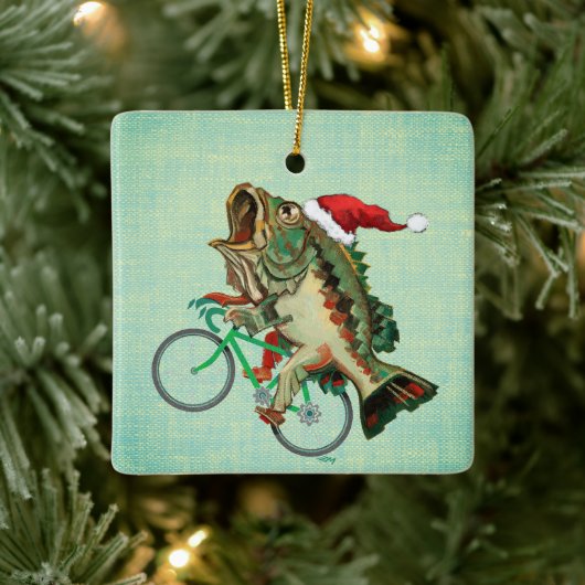 Largemouth Bass Reiten mit Weihnachtsmannmütze Keramikornament (Baum)