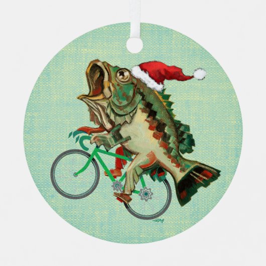 Largemouth Bass Reiten mit Weihnachtsmannmütze Ornament Aus Metall (Vorderseite)