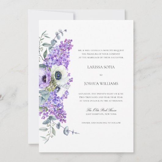 Larissa Elegant Lila Blumen All-in-One Hochzeit Einladung (Vorderseite)