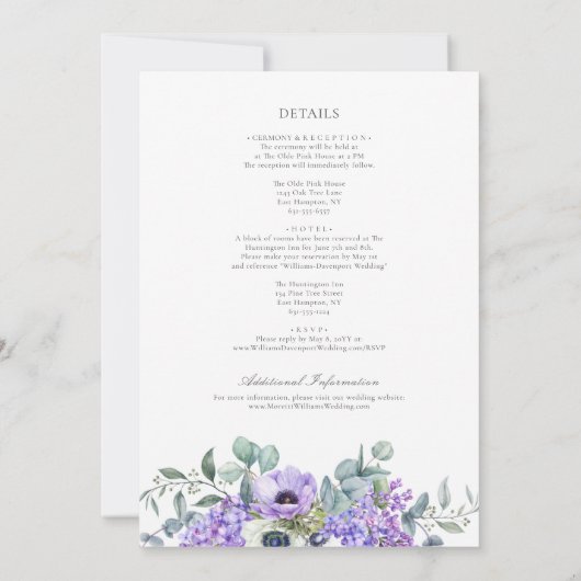 Larissa Elegant Lila Blumen All-in-One Hochzeit Einladung (Rückseite)