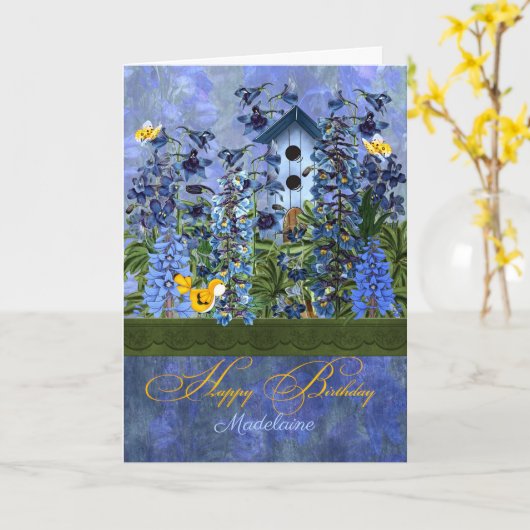 Larkspur Garden with Birdhouse Karte (Gelbe Blume)