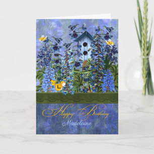 Larkspur Garden with Birdhouse Karte