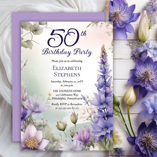 Larkspur | Water Lily Floral 50th Birthday Party Einladung