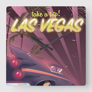 Las Vegas Auto Vintage-Reiseplakat. Quadratische Wanduhr