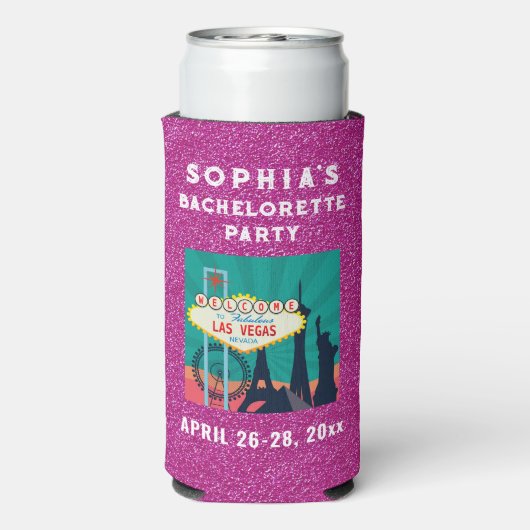 Las Vegas Bacherolette Gastgeschenk Rosa Glitzer Selters Dosenkühler (Seltzer Rückseite)