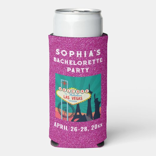 Las Vegas Bacherolette Gastgeschenk Rosa Glitzer Selters Dosenkühler (Seltzer Vorderseite)
