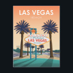 Las Vegas Begrüßungszeichen bei Sunset Vintage Tra Postkarte<br><div class="desc">Retro Las Vegas Nevada Vintage Reiseplakatbild mit einem Sonnenuntergang Blick auf das berühmte Welcome To Fabulous Las Vegas Nevada Zeichen umgeben von zwei üppigen Palmen. Ein Blick auf den bekannten Las Vegas-Streifen im Hintergrund ist ebenfalls möglich. Dieses Vintage Design bringt Erinnerungen klassischer Reiseplakate aus vergangenen Zeiten zurück.</div>