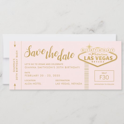 Las Vegas Birthday Pink Gold Save the Date Ticket Einladung (Vorderseite)